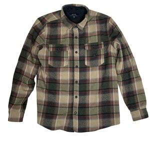Roark Flannel Shirt Mens XL Green Brown Plaid Wool Blend Excellent Elbow Patches